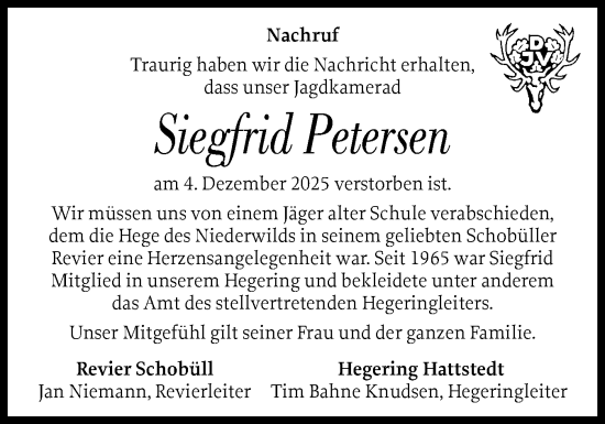 Traueranzeige von Siegfrid Petersen von Husumer Nachrichten, Nordfriesland Tageblatt
