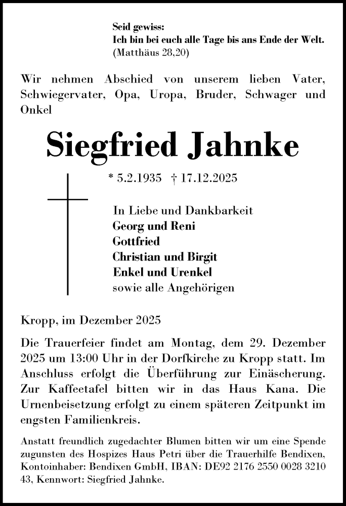  Traueranzeige für Siegfried Jahnke vom 22.12.2025 aus Schleswiger Nachrichten, Schlei-Bote