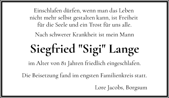 Traueranzeige von Siegfried Lange von Der Insel-Bote