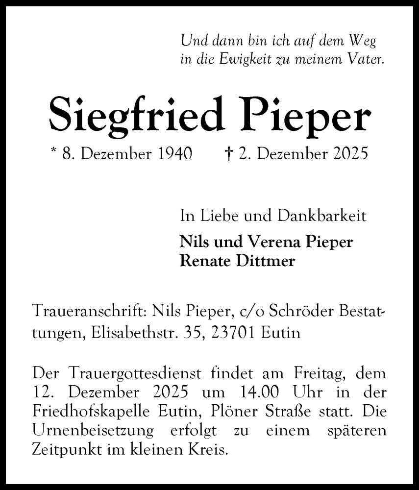  Traueranzeige für Siegfried Pieper vom 06.12.2025 aus Ostholsteiner Anzeiger