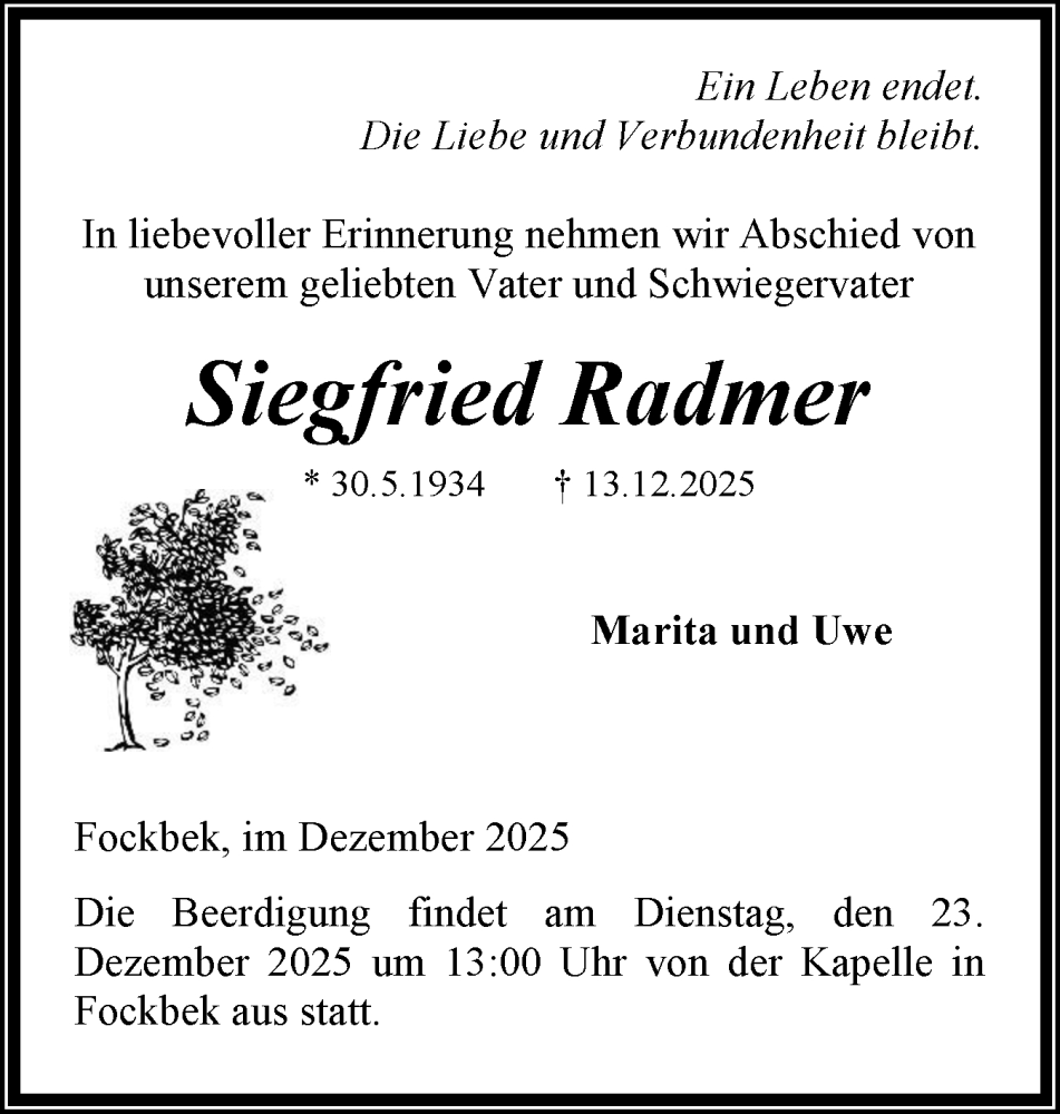  Traueranzeige für Siegfried Radmer vom 20.12.2025 aus Schleswig-Holsteinische Landeszeitung