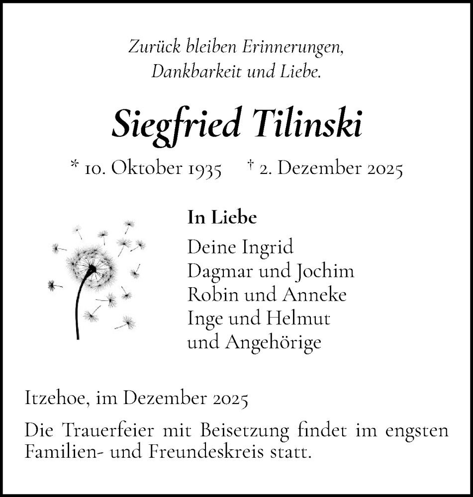  Traueranzeige für Siegfried Tilinski vom 06.12.2025 aus Norddeutsche Rundschau, Wilstersche Zeitung, Glückstädter Fortuna