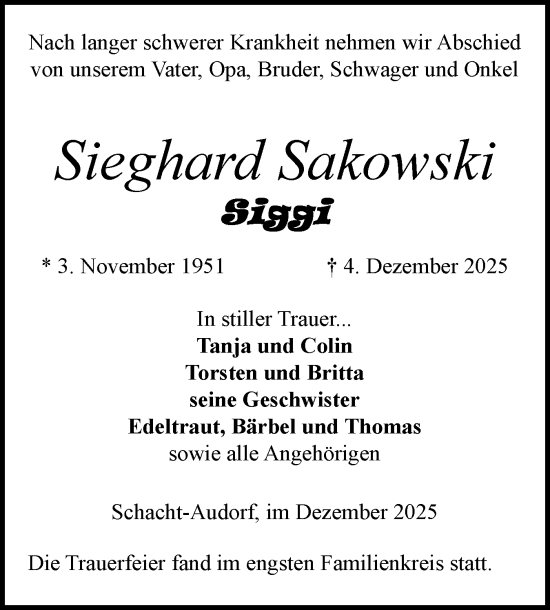Traueranzeige von Sieghard Sakowski von Schleswig-Holsteinische Landeszeitung