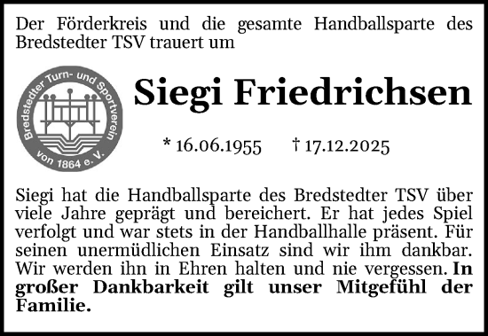 Traueranzeige von Siegi Friedrichsen von Husumer Nachrichten, Nordfriesland Tageblatt