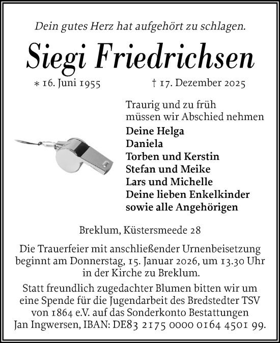 Traueranzeige von Siegi Friedrichsen von Husumer Nachrichten, Nordfriesland Tageblatt