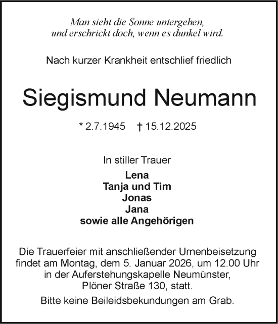 Traueranzeige von Siegismund Neumann von Holsteinischer Courier