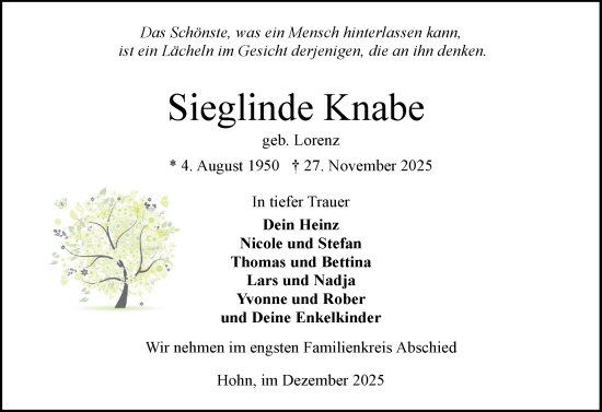 Traueranzeige von Sieglinde Knabe von Schleswig-Holsteinische Landeszeitung