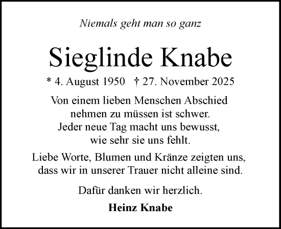 Traueranzeige von Sieglinde Knabe von Schleswig-Holsteinische Landeszeitung