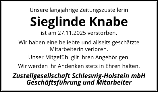 Traueranzeige von Sieglinde Knabe von Schleswig-Holsteinische Landeszeitung