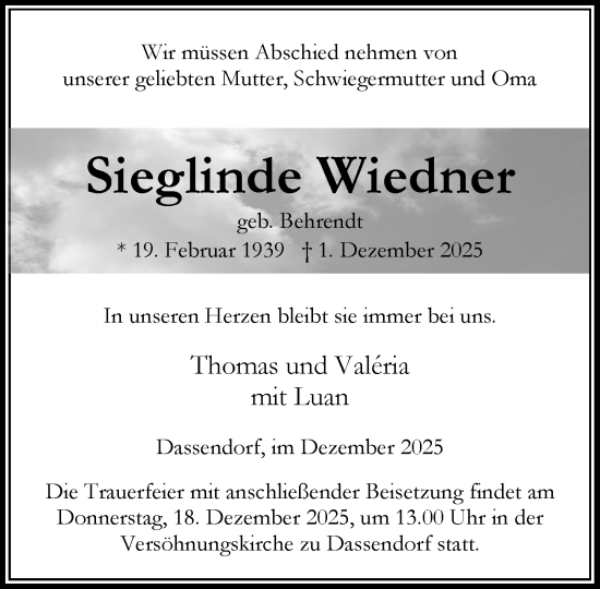 Traueranzeige von Sieglinde Wiedner von Wochenend Anzeiger