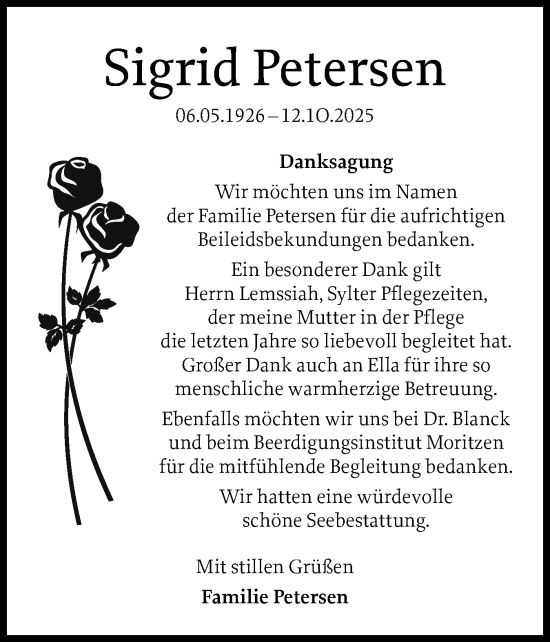 Traueranzeige von Sigrid Petersen von Sylter Rundschau