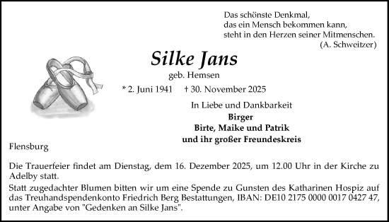 Traueranzeige von Silke Jans von Flensburger Tageblatt