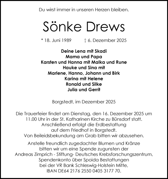 Traueranzeige von Sönke Drews von Schleswig-Holsteinische Landeszeitung