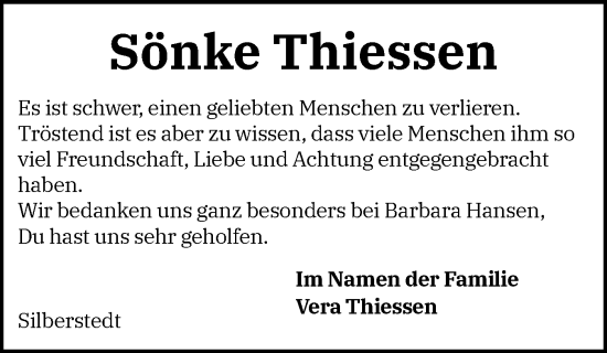 Traueranzeige von Sönke Thiessen von Schleswiger Nachrichten, Schlei-Bote