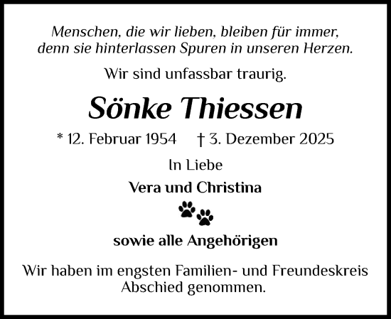 Traueranzeige von Sönke Thiessen von Schleswiger Nachrichten, Schlei-Bote