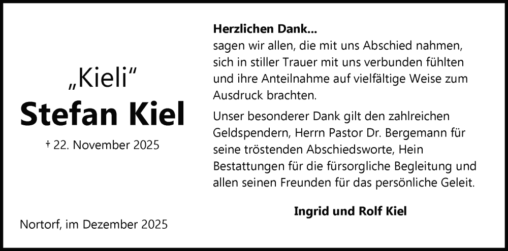  Traueranzeige für Stefan Kiel vom 20.12.2025 aus Schleswig-Holsteinische Landeszeitung