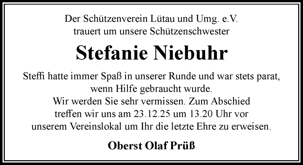  Traueranzeige für Stefanie Niebuhr vom 20.12.2025 aus Wochenend Anzeiger