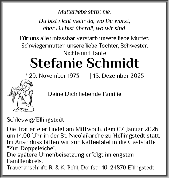 Traueranzeige von Stefanie Schmidt von Schleswiger Nachrichten, Schlei-Bote