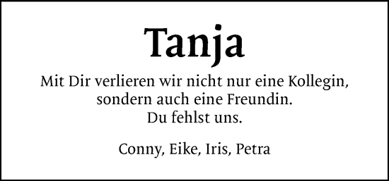Traueranzeige von Tanja  von Flensburger Tageblatt, Schleswiger Nachrichten, Schlei-Bote