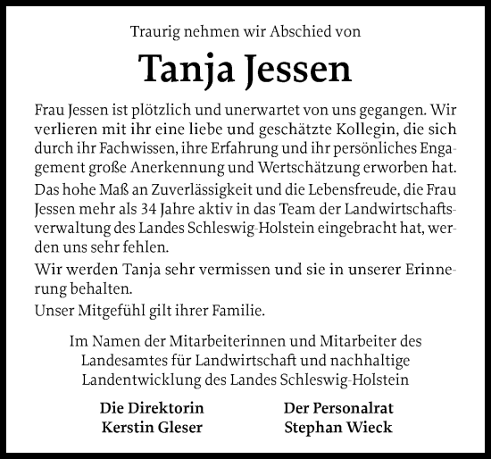 Traueranzeige von Tanja Jessen von Husumer Nachrichten, Nordfriesland Tageblatt