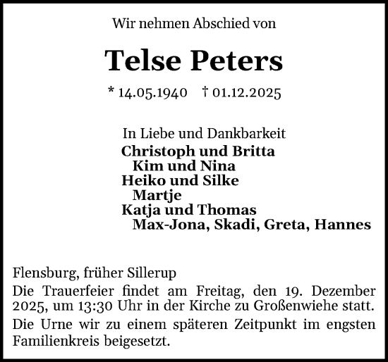 Traueranzeige von Telse Peters von Flensburger Tageblatt