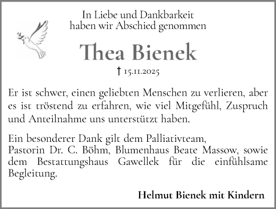 Traueranzeige von Thea Bienek von Husumer Nachrichten, Nordfriesland Tageblatt
