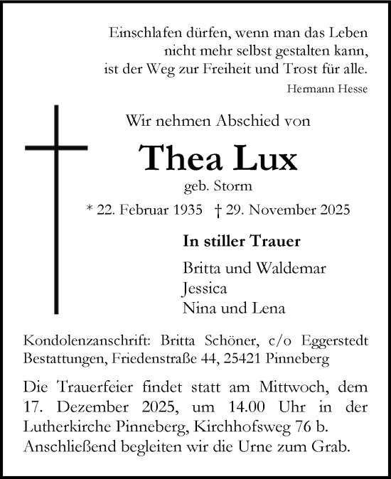 Traueranzeige von Thea Lux von Region Pinneberg und tip Pinneberg