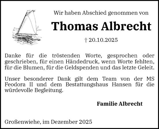 Traueranzeige von Thomas Albrecht von Flensburger Tageblatt
