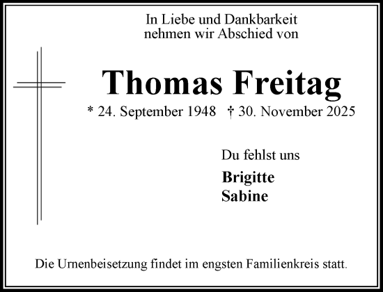 Traueranzeige von Thomas Freitag von MARKT Bad Oldesloe/Reinfeld und Stormarner Tageblatt