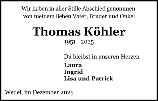 Traueranzeige von Thomas Köhler von Wedel-Schulauer Tageblatt, tip Wedel-Schulauer Tageblatt, tip Rissener Rundschau