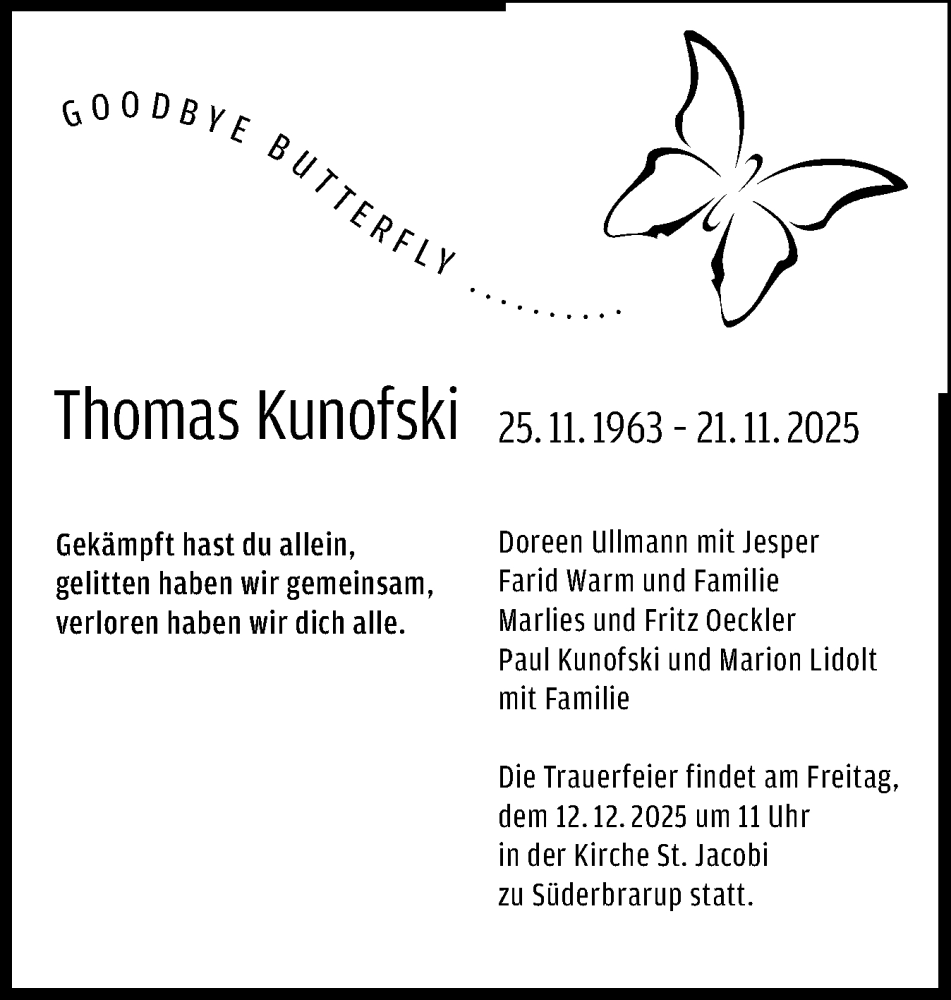  Traueranzeige für Thomas Kunofski vom 06.12.2025 aus Flensburger Tageblatt