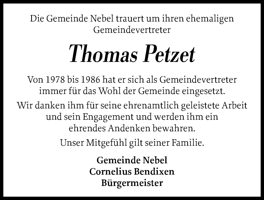  Traueranzeige für Thomas Petzet vom 10.12.2025 aus Der Insel-Bote