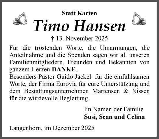Traueranzeige von Timo Hansen von Husumer Nachrichten, Nordfriesland Tageblatt