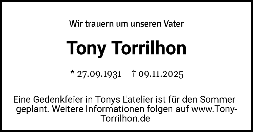  Traueranzeige für Tony Torrilhon vom 05.12.2025 aus Husumer Nachrichten, Nordfriesland Tageblatt