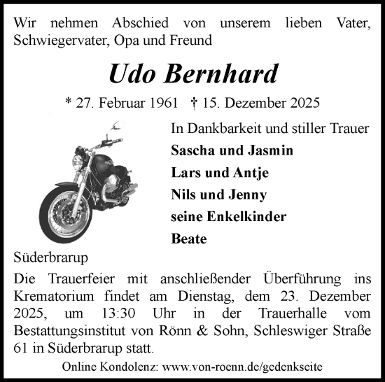 Traueranzeige von Udo Bernhard von Schleswiger Nachrichten, Schlei-Bote