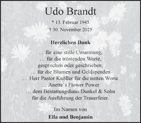 Traueranzeige von Udo Brandt von MARKT Ratzeburg/Mölln