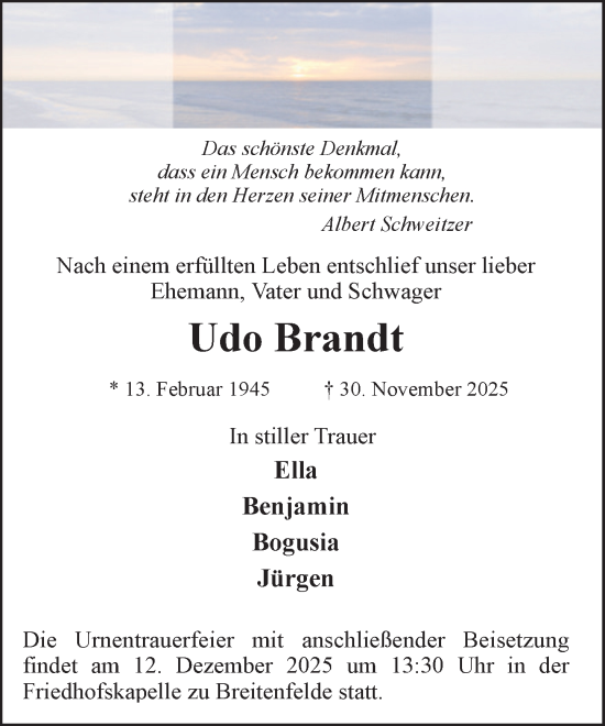Traueranzeige von Udo Brandt von MARKT Ratzeburg/Mölln
