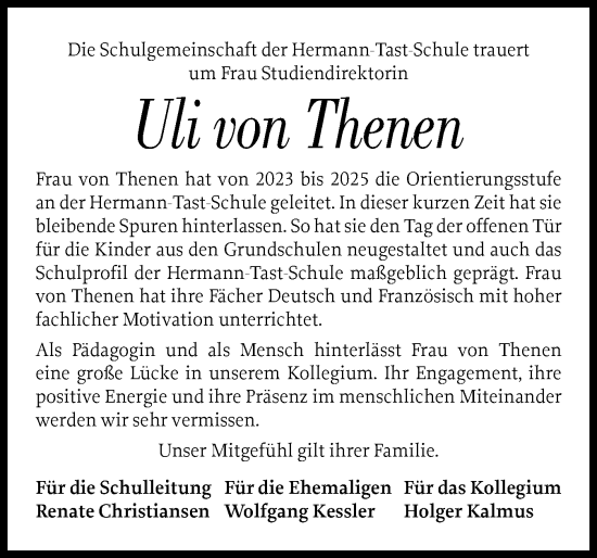 Traueranzeige von Uli von Thenen von Husumer Nachrichten, Nordfriesland Tageblatt