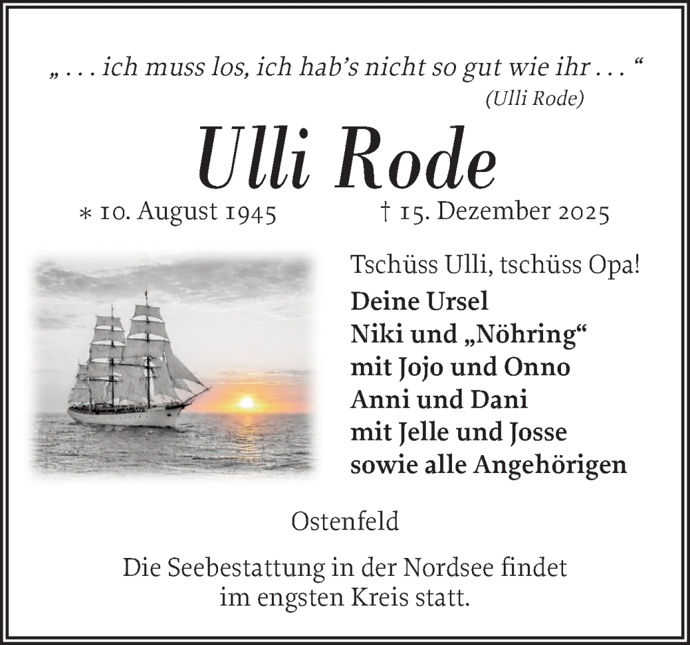  Traueranzeige für Ulli Rode vom 20.12.2025 aus Husumer Nachrichten, Nordfriesland Tageblatt