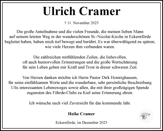 Traueranzeige von Ulrich Cramer von Eckernförder Zeitung, Hallo Eckernförde