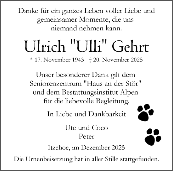 Traueranzeige von Ulrich Gehrt von Norddeutsche Rundschau, Wilstersche Zeitung, Glückstädter Fortuna
