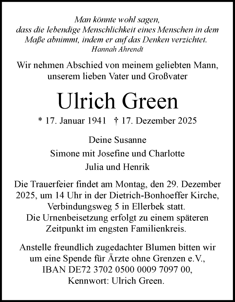  Traueranzeige für Ulrich Green vom 27.12.2025 aus Region Pinneberg und tip Pinneberg