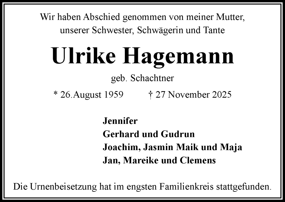  Traueranzeige für Ulrike Hagemann vom 20.12.2025 aus MARKT Ratzeburg/Mölln