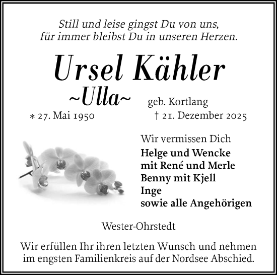 Traueranzeige von Ursel Kähler von Husumer Nachrichten, Nordfriesland Tageblatt