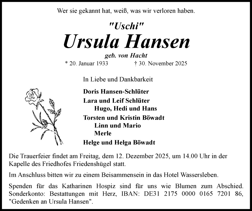  Traueranzeige für Ursula Hansen vom 06.12.2025 aus Flensburger Tageblatt