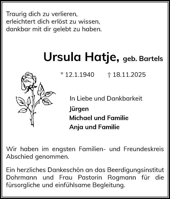 Traueranzeige von Ursula Hatje von Region Pinneberg und tip Pinneberg