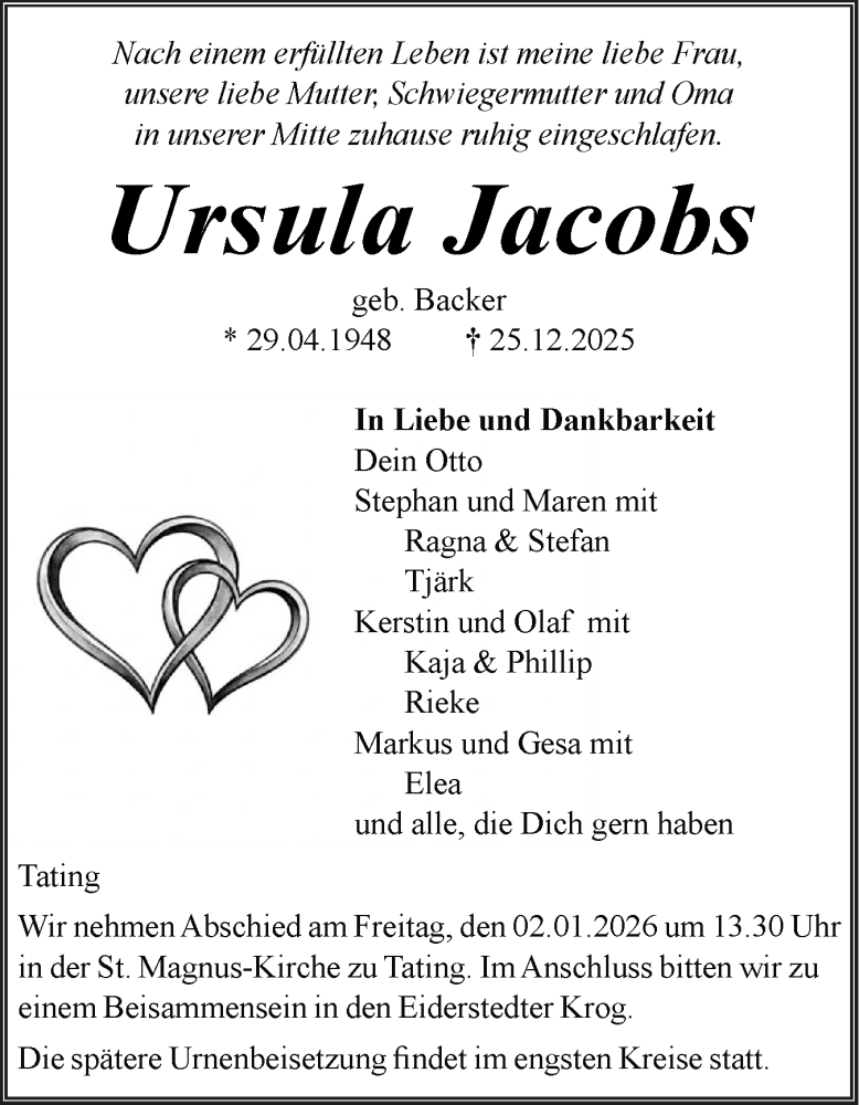  Traueranzeige für Ursula Jacobs vom 30.12.2025 aus Husumer Nachrichten, Nordfriesland Tageblatt