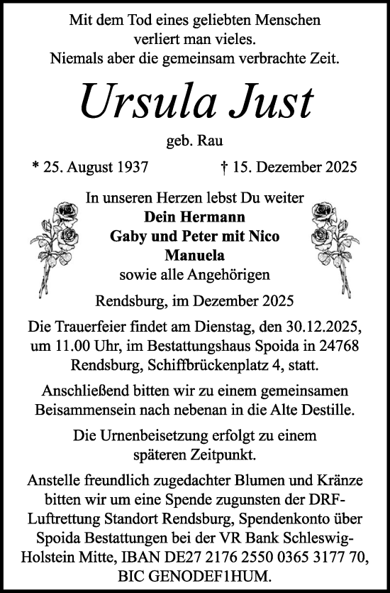 Traueranzeige von Ursula Just von Schleswig-Holsteinische Landeszeitung