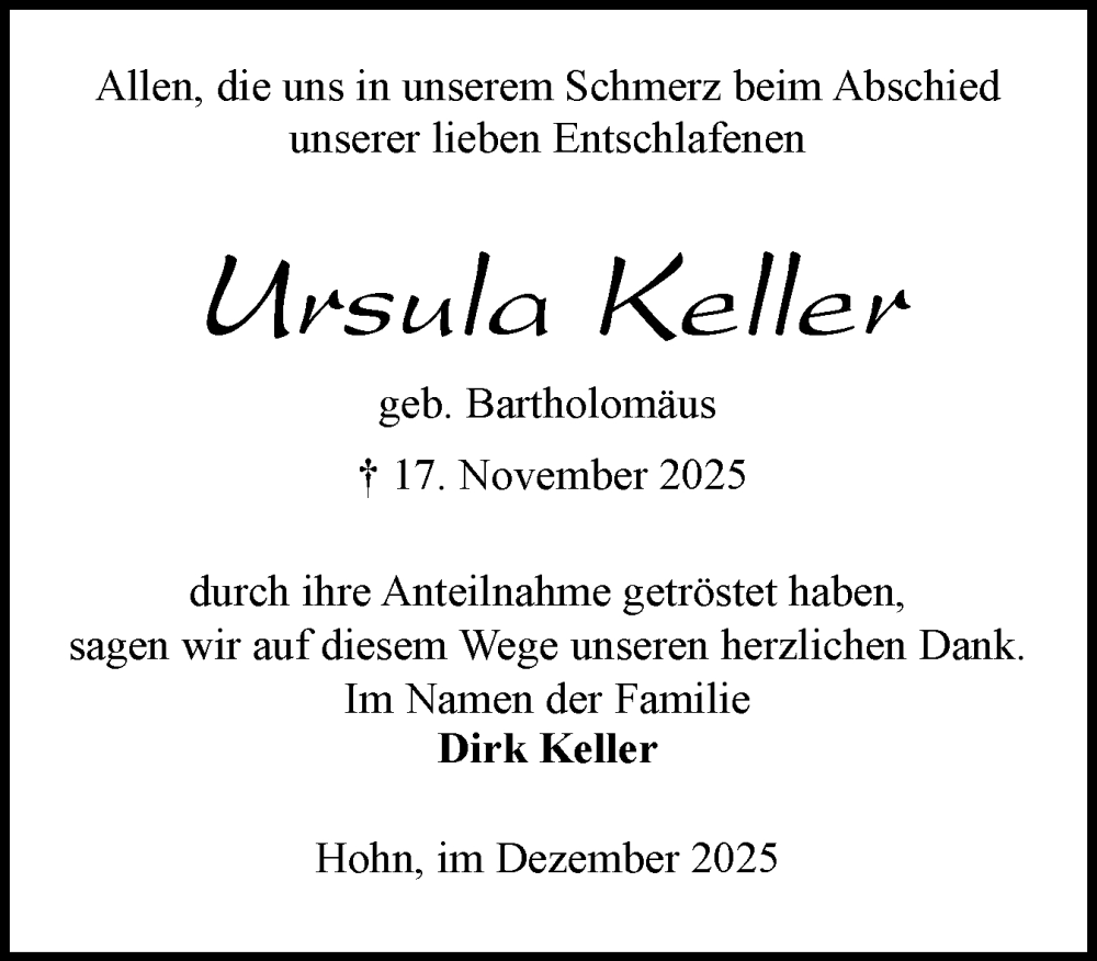  Traueranzeige für Ursula Keller vom 20.12.2025 aus Schleswig-Holsteinische Landeszeitung