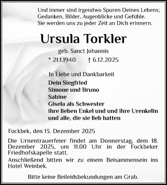 Traueranzeige von Ursula Torkler von Schleswig-Holsteinische Landeszeitung